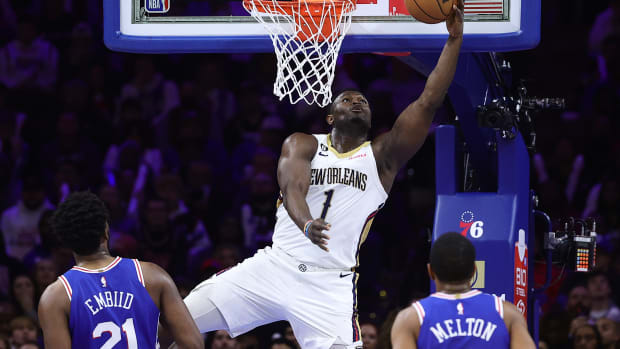 PHILADELPHIA, PENNSYLVANIA - JANUARY 02: Zion Williamson #1 of the New Orleans Pelicans shoots a lay up during the third quarter against the Philadelphia 76ers at Wells Fargo Center on January 02, 2023 in Philadelphia, Pennsylvania. NOTE TO USER: User expressly acknowledges and agrees that, by downloading and or using this photograph, User is consenting to the terms and conditions of the Getty Images License Agreement. (Photo by Tim Nwachukwu/Getty Images)