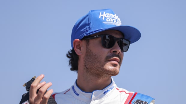 FORT WORTH, TEXAS - SEPTEMBER 24: Kyle Larson, driver of the #5 HendrickCars.com Chevrolet, looks on during practice for the NASCAR Cup Series Auto Trader EchoPark Automotive 500 at Texas Motor Speedway on September 24, 2022 in Fort Worth, Texas. (Photo by Jonathan Bachman/Getty Images)