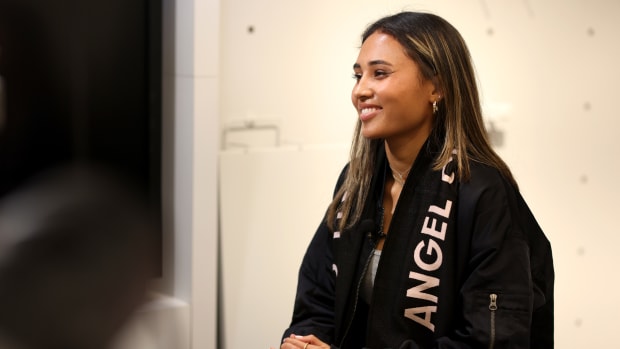 PLAYA VISTA, CALIFORNIA - JANUARY 12: Alyssa Thompson is interviewed after being drafted first overall by Angel City Football Club in the 2023 NWSL Draft at Nike LA on January 12, 2023 in Playa Vista, California. (Photo by Katelyn Mulcahy/Getty Images)