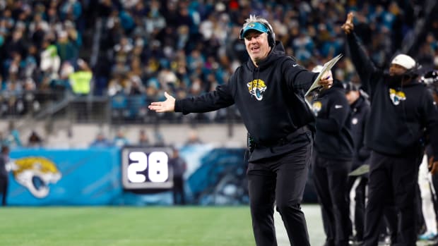 JACKSONVILLE, FLORIDA - JANUARY 14: Head coach Doug Pederson of the Jacksonville Jaguars reacts during the second quarter of the game against the Los Angeles Chargers in the AFC Wild Card playoff game at TIAA Bank Field on January 14, 2023 in Jacksonville, Florida. (Photo by Douglas P. DeFelice/Getty Images)