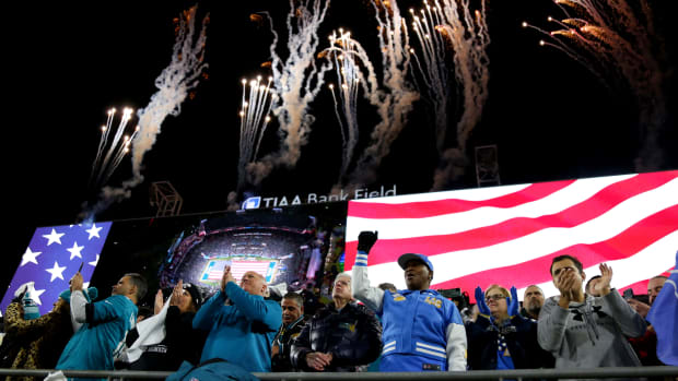 JACKSONVILLE, FLORIDA - JANUARY 14: A general view during the national anthem prior to a game between the Los Angeles Chargers and Jacksonville Jaguars in the AFC Wild Card playoff game at TIAA Bank Field on January 14, 2023 in Jacksonville, Florida. (Photo by Courtney Culbreath/Getty Images)