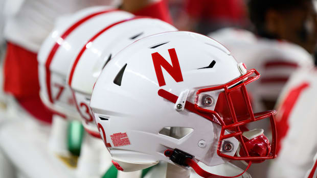 Nebraska Cornhuskers helmets sit on the sidelines against Purdue.