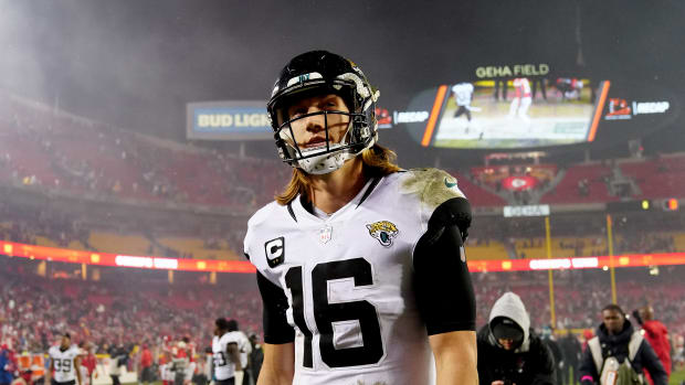KANSAS CITY, MISSOURI - JANUARY 21: Trevor Lawrence #16 of the Jacksonville Jaguars walks off the field after being defeated by the Kansas City Chiefs in the AFC Divisional Playoff game at Arrowhead Stadium on January 21, 2023 in Kansas City, Missouri. The Kansas City Chiefs defeated the Jacksonville Jaguars with a score of 27 to 20. (Photo by Jason Hanna/Getty Images)