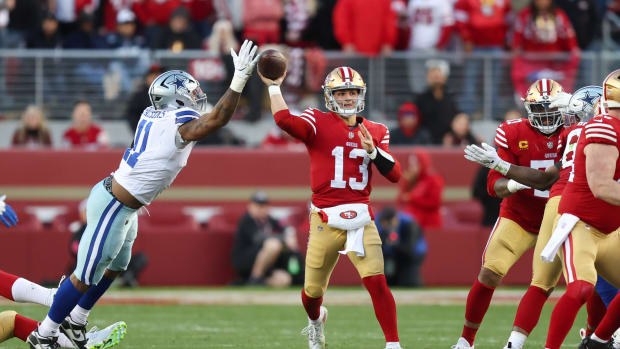 SANTA CLARA, CALIFORNIA - JANUARY 22: Brock Purdy #13 of the San Francisco 49ers throws a pass against the Dallas Cowboys during the first half in the NFC Divisional Playoff game at Levi's Stadium on January 22, 2023 in Santa Clara, California. (Photo by Lachlan Cunningham/Getty Images)