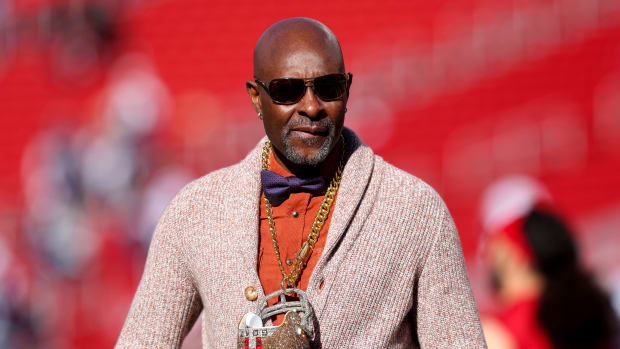 SANTA CLARA, CALIFORNIA - JANUARY 22: NFL Hall of Famer Jerry Rice looks on prior to a game between the Dallas Cowboys and San Francisco 49ers in the NFC Divisional Playoff game at Levi's Stadium on January 22, 2023 in Santa Clara, California. (Photo by Lachlan Cunningham/Getty Images)