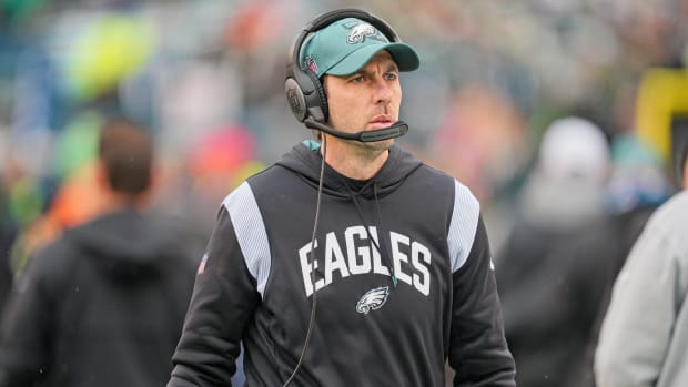 PHILADELPHIA, PA - JANUARY 29: Philadelphia Eagles offensive coordinator Shane Steichen looks on during the Championship game between the San Fransisco 49ers and the Philadelphia Eagles on January 29, 2023. (Photo by Andy Lewis/Icon Sportswire via Getty Images)