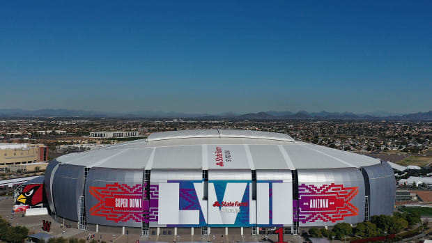 An aerial view of State Farm Stadium in Glendale, Ariz., the site of Super Bowl LVII.