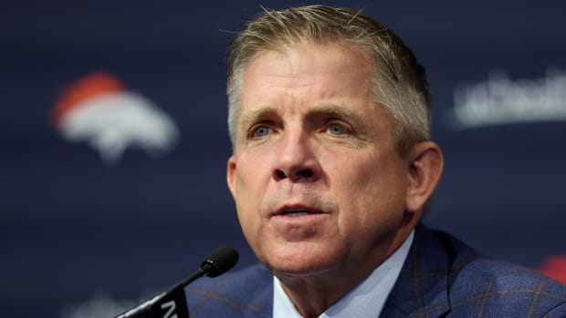 Broncos head coach Sean Payton fields questions from the media during his introductory press conference.