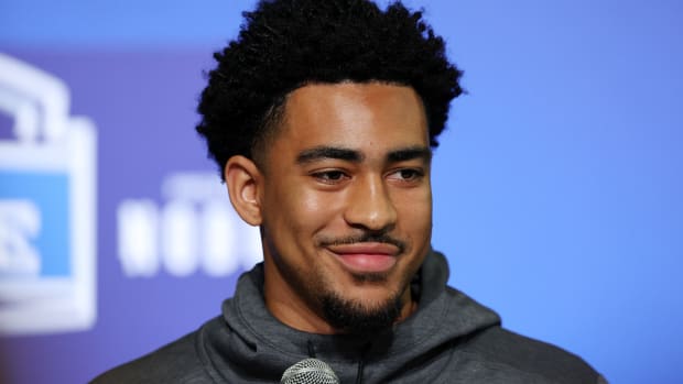 INDIANAPOLIS, INDIANA - MARCH 03: Quarterback Bryce Young of Alabama speaks to the media during the NFL Combine at Lucas Oil Stadium on March 03, 2023 in Indianapolis, Indiana. (Photo by Michael Hickey/Getty Images)