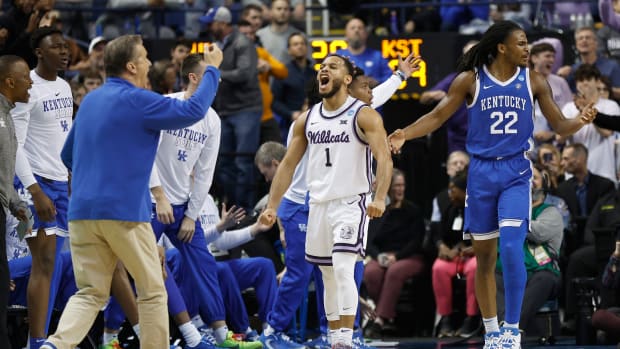 Kansas State's Markquis Nowell celebrates during an NCAA Tournament game against Kentucky.