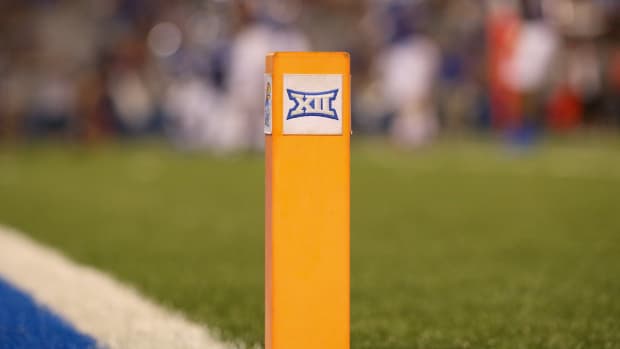 LAWRENCE, KS - SEPTEMBER 03: A general view of the Big 12 logo on the pylon during a college football game between the South Dakota Coyotes and Kansas Jayhawks on Sep 3, 2021 at Memorial Stadium in Lawrence, KS. (Photo by Scott Winters/Icon Sportswire via Getty Images)