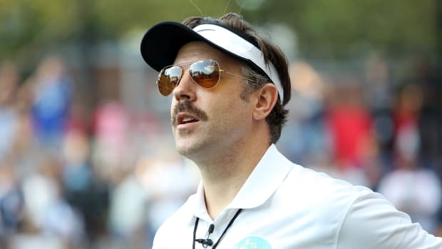 NEW YORK, NY - JUNE 22:  Actor Jason Sudeikis, in character as coach Ted Lasso, instructs his team during the 2016 Steve Nash Foundation Showdown at Sara D. Roosevelt Park on June 22, 2016 in New York City.  (Photo by Monica Schipper/WireImage)