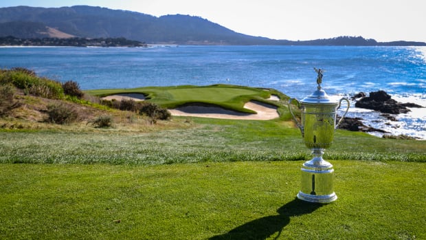 PEBBLE BEACH, CA - NOV 08:  A general view of the U.S. Open trophy on the seventh hole tee box during previews for the 2019 U.S. Open at Pebble Beach Golf Links on November 8, 2018 in Pebble Beach, California. (Photo by Keyur Khamar/PGA TOUR)
