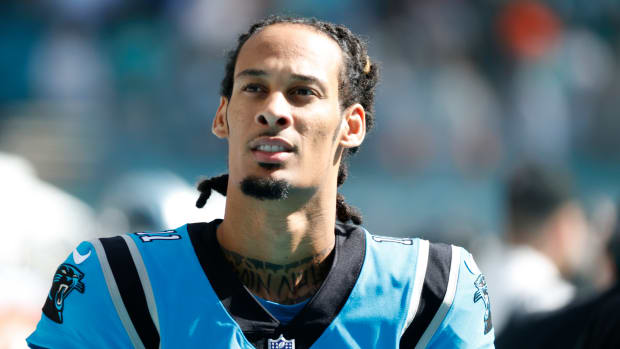 MIAMI GARDENS, FLORIDA - NOVEMBER 28: Robby Anderson #11 of the Carolina Panthers looks on before the game against the Miami Dolphins at Hard Rock Stadium on November 28, 2021 in Miami Gardens, Florida. (Photo by Cliff Hawkins/Getty Images)