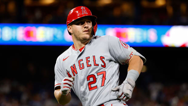 PHILADELPHIA, PENNSYLVANIA - JUNE 04: Mike Trout #27 of the Los Angeles Angels looks on during the eighth inning against the Philadelphia Phillies at Citizens Bank Park on June 04, 2022 in Philadelphia, Pennsylvania. (Photo by Tim Nwachukwu/Getty Images)