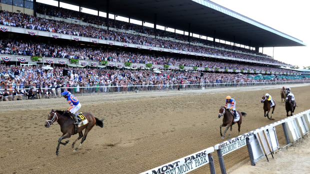 ELMONT, NEW YORK - JUNE 11:  Mo Donegal #6 with Irad Ortiz Jr. up wins the 154th running of the Belmont Stakes at Belmont Park on June 11, 2022 in Elmont, New York. (Photo by Al Bello/Getty Images)