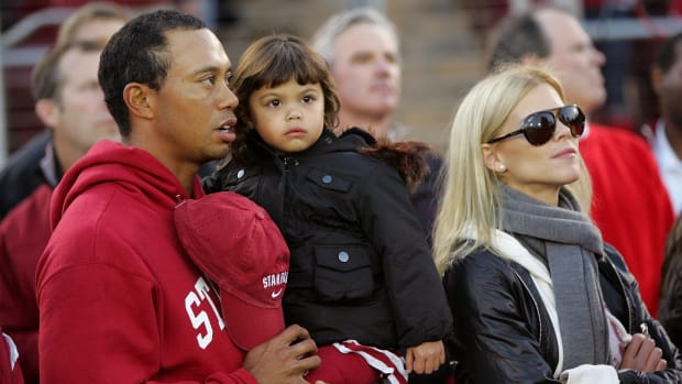Tiger Woods and his wife, Ellen, at a Stanford football game during their marriage.