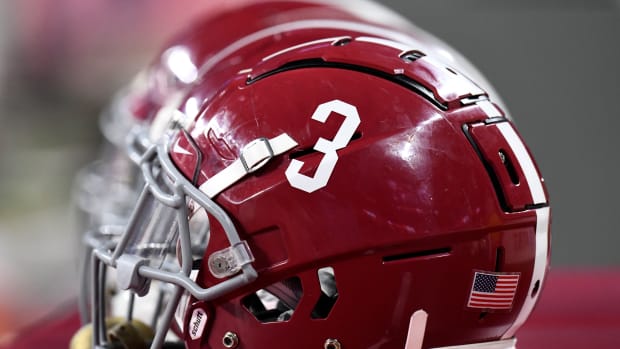 INDIANAPOLIS, IN - JANUARY 10: An Alabama Crimson Tide helmet sits on the sideline at the conclusion of the Alabama Crimson Tide versus the Georgia Bulldogs in the College Football Playoff National Championship, on January 10, 2022, at Lucas Oil Stadium in Indianapolis, IN. (Photo by Michael Allio/Icon Sportswire via Getty Images)
