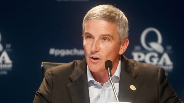 PGA Tour commissioner Jay Monahan speaks at a press conference.