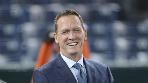 TORONTO, ON - MARCH 30: Former pitcher and YES Network color commentator David Cone laughs during batting practice before the New York Yankees MLB game against the Toronto Blue Jays at Rogers Centre on March 30, 2018 in Toronto, Canada. (Photo by Tom Szczerbowski/Getty Images) *** Local Caption *** David Cone