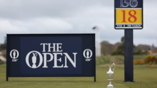 ST ANDREWS, SCOTLAND - APRIL 26: The Claret Jug sits on the 18th tee at St Andrews Old Course on April 26, 2022 in St Andrews, Scotland. The 150th Open Championship will take place on The Old Course at St Andrews between the 14th and 17th July. (Photo by Richard Heathcote/R&A/R&A via Getty Images)