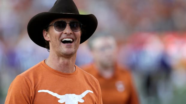 AUSTIN, TX - SEPTEMBER 07:  Actor Matthew McConaughey watches players warm up before the game between the Texas Longhorns and the LSU Tigers at Darrell K Royal-Texas Memorial Stadium on September 7, 2019 in Austin, Texas.  (Photo by Tim Warner/Getty Images)