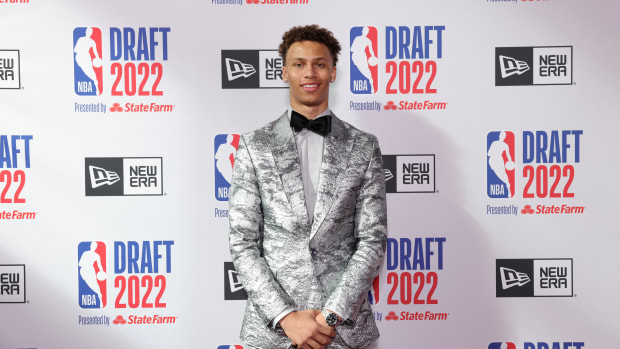 BROOKLYN, NY - JUNE 23: NBA Draft Prospect Dyson Daniels arrives at the arena before the 2022 NBA Draft on June 23, 2022 at Barclays Center in Brooklyn, New York.  Mandatory Copyright Notice: Copyright 2022 NBAE (Photo by Michael J. LeBrecht II/NBAE via Getty Images)