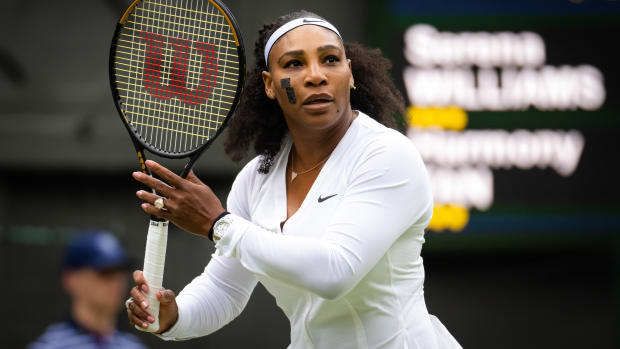 LONDON, ENGLAND - JUNE 28: Serena Williams of the United States in action against Harmony Tan of France in her first round match during Day Two of The Championships Wimbledon 2022 at All England Lawn Tennis and Croquet Club on June 28, 2022 in London, England (Photo by Robert Prange/Getty Images)