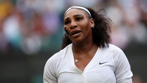 Serena Williams competing in the first round at 2022 Wimbledon.