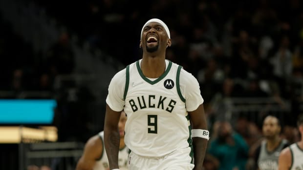 MILWAUKEE, WISCONSIN - FEBRUARY 26: Bobby Portis #9 of the Milwaukee Bucks reacts after hitting a three point shot during the second half of a game against the Brooklyn Nets at Fiserv Forum on February 26, 2022 in Milwaukee, Wisconsin. NOTE TO USER: User expressly acknowledges and agrees that, by downloading and or using this photograph, User is consenting to the terms and conditions of the Getty Images License Agreement. (Photo by John Fisher/Getty Images)