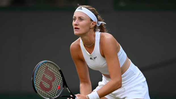 LONDON, ENGLAND - JUNE 27: Kristina Mladenovic of France looks on against Angelique Kerber of Germany during the Women's Singles First Round match during Day One of The Championships Wimbledon 2022 at All England Lawn Tennis and Croquet Club on June 27, 2022 in London, England. (Photo by Shaun Botterill/Getty Images)