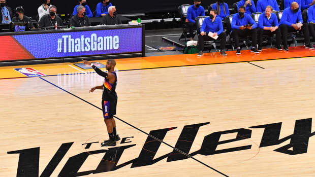 PHOENIX, AZ - JULY 17: Chris Paul #3 of the Phoenix Suns looks on during Game Five of the 2021 NBA Finals on July 17, 2021 at Footprint Center in Phoenix, Arizona. NOTE TO USER: User expressly acknowledges and agrees that, by downloading and/or using this Photograph, user is consenting to the terms and conditions of the Getty Images License Agreement. Mandatory Copyright Notice: Copyright 2021 NBAE (Photo by Jesse D. Garrabrant/NBAE via Getty Images)