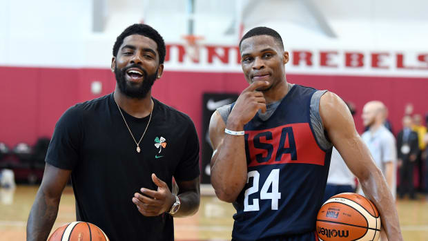 LAS VEGAS, NV - JULY 26:  Kyrie Irving #37 and Russell Westbrook #24 of the United States joke around during a practice session at the 2018 USA Basketball Men's National Team minicamp at the Mendenhall Center at UNLV on July 26, 2018 in Las Vegas, Nevada.  (Photo by Ethan Miller/Getty Images)