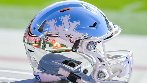 ATHENS, GA  OCTOBER 16:  A Kentucky football helmet on the sideline during the college football game between the Kentucky Wildcats and the Georgia Bulldogs on October 16th, 2021 at Sanford Stadium in Athens, GA.  (Photo by Rich von Biberstein/Icon Sportswire via Getty Images)
