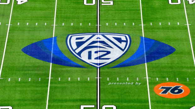 LAS VEGAS, NEVADA - DECEMBER 03: A general view of the PAC-12 logo at midfield before the PAC-12 Football Championship football game between the Oregon Ducks and the Utah Utes at Allegiant Stadium on December 03, 2021 in Las Vegas, Nevada. (Photo by Alika Jenner/Getty Images)