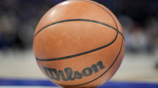 DETROIT, MICHIGAN - MARCH 27: A Wilson brand NBA basketball is pictured during the first quarter of the game between the Detroit Pistons and New York Knicks at Little Caesars Arena on March 27, 2022 in Detroit, Michigan. NOTE TO USER: User expressly acknowledges and agrees that, by downloading and or using this photograph, User is consenting to the terms and conditions of the Getty Images License Agreement. (Photo by Nic Antaya/Getty Images)