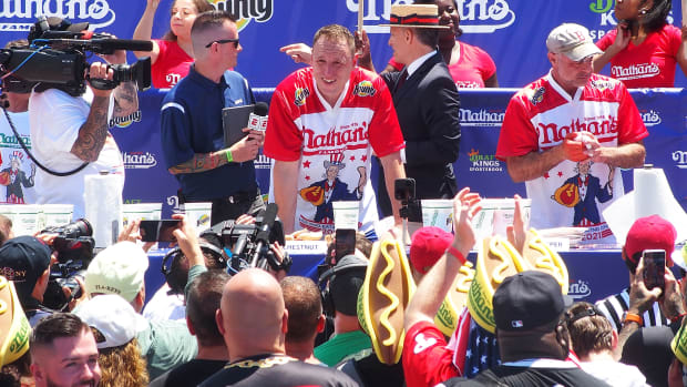 Joey Chestnut at the Nathan's Hot Dog Eating Contest on Monday.