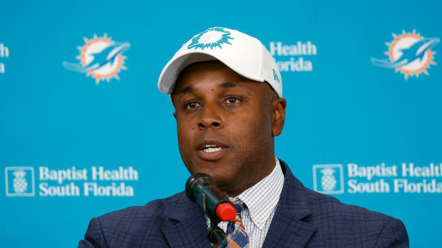 Miami Dolphins GM Chris Grier speaks during a press conference.