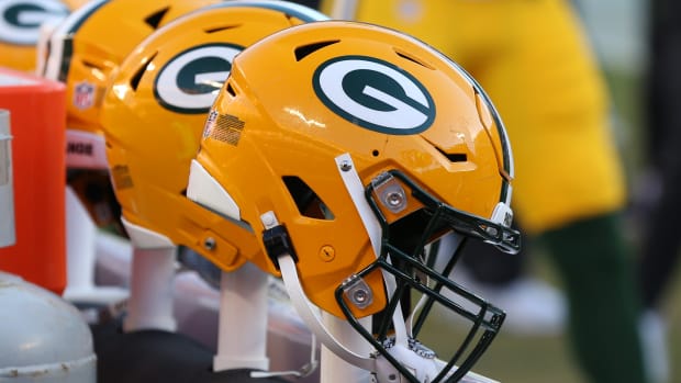 KANSAS CITY, MO - NOVEMBER 07: A view of Green Bay Packers helmets before an NFL game between the Green Bay Packers and Kansas City Chiefs on Nov 7, 2021 at GEHA Field at Arrowhead Stadium in Kansas City, MO. (Photo by Scott Winters/Icon Sportswire via Getty Images)