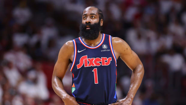 MIAMI, FLORIDA - MAY 10: James Harden #1 of the Philadelphia 76ers reacts against the Miami Heat during the first half in Game Five of the Eastern Conference Semifinals at FTX Arena on May 10, 2022 in Miami, Florida. NOTE TO USER: User expressly acknowledges and agrees that, by downloading and or using this photograph, User is consenting to the terms and conditions of the Getty Images License Agreement.  (Photo by Michael Reaves/Getty Images)