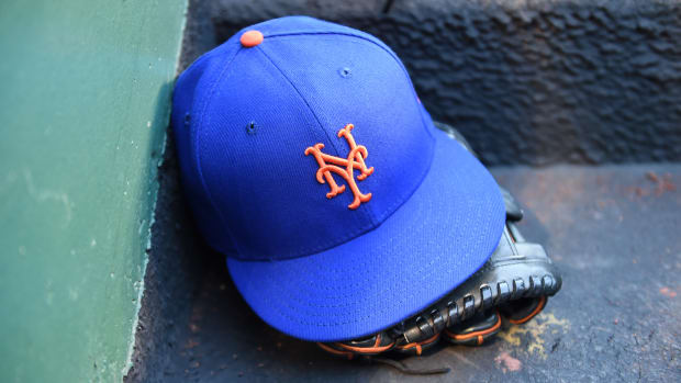 WASHINGTON, DC - MAY 10: A New York Mets baseball cap on the stairs of the dugout before the game against the Washington Nationals at Nationals Park on May 10, 2022 in Washington, DC. (Photo by G Fiume/Getty Images)