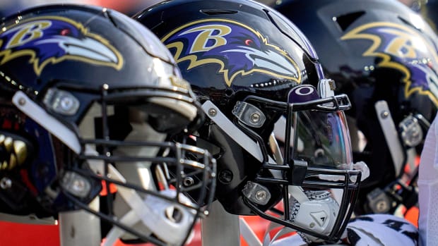 CINCINNATI, OH - DECEMBER 26: A detail view of a Baltimore Ravens helmet is seen during a game between the Cincinnati Bengals and the Baltimore Ravens on December 26, 2021, at Paul Brown Stadium in Cincinnati, OH. (Photo by Robin Alam/Icon Sportswire via Getty Images)
