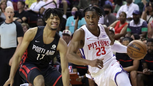 LAS VEGAS, NEVADA - JULY 07: Jaden Ivy #23 of the Detroit Pistons drives against Shaedon Sharpe #17 of the Portland Trail Blazers during the 2022 NBA Summer League at the Thomas & Mack Center on July 07, 2022 in Las Vegas, Nevada. NOTE TO USER: User expressly acknowledges and agrees that, by downloading and or using this photograph, User is consenting to the terms and conditions of the Getty Images License Agreement. (Photo by Ethan Miller/Getty Images)