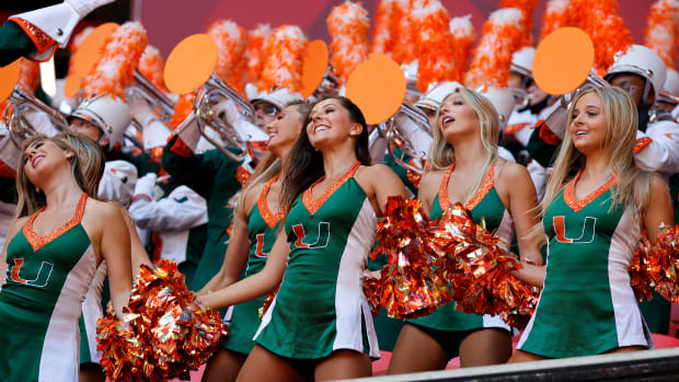 ATLANTA, GA - SEPTEMBER 04: Hurricane cheerleaders perforn prior to the Chick-fil-A Kickoff Game between the Alabama Crimson Tide and the Miami Hurricanes on September 4, 2021 at Mercedes-Benz Stadium in Atlanta, Georgia.   (Photo by David J. Griffin/Icon Sportswire via Getty Images)