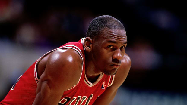 Michael Jordan of the Chicago Bulls during a game in the NBA season.