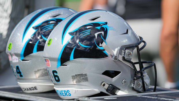 CHARLOTTE, NC - OCTOBER 10: Carolina Panthers helmets sit on a cart during the game between the Carolina Panthers and the Philadelphia Eagles on October 10, 2021 at Bank of America Stadium in Charlotte, NC. (Photo by Andy Lewis/Icon Sportswire via Getty Images)