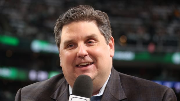 BOSTON, MA - JUNE 10: ESPN Sideline Reporter Brian Windhorst looks on before the game between the Golden State Warriors and the Boston Celtics during Game Four of the 2022 NBA Finals on June 10, 2022 at TD Garden in Boston, Massachusetts. NOTE TO USER: User expressly acknowledges and agrees that, by downloading and or using this photograph, user is consenting to the terms and conditions of Getty Images License Agreement. Mandatory Copyright Notice: Copyright 2022 NBAE (Photo by Nathaniel S. Butler/NBAE via Getty Images)