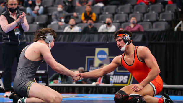 Two college wrestlers at the national championships back in 2021.