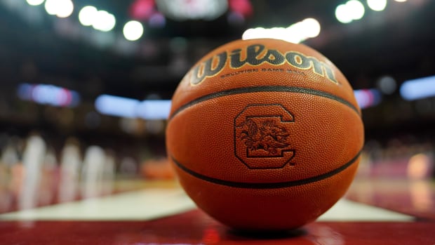 A basketball with the University of South Carolina logo on it.