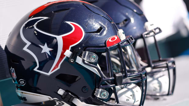 MIAMI GARDENS, FLORIDA - NOVEMBER 07: A detail of a Houston Texans helmet against the Miami Dolphins at Hard Rock Stadium on November 07, 2021 in Miami Gardens, Florida. (Photo by Michael Reaves/Getty Images)